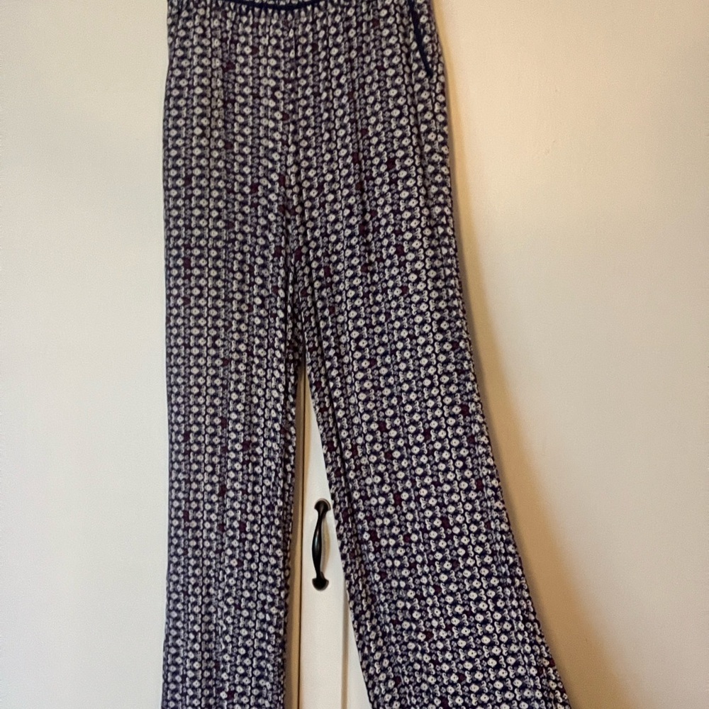 Anthropologie Navy and White Patterned Wide Leg Pants